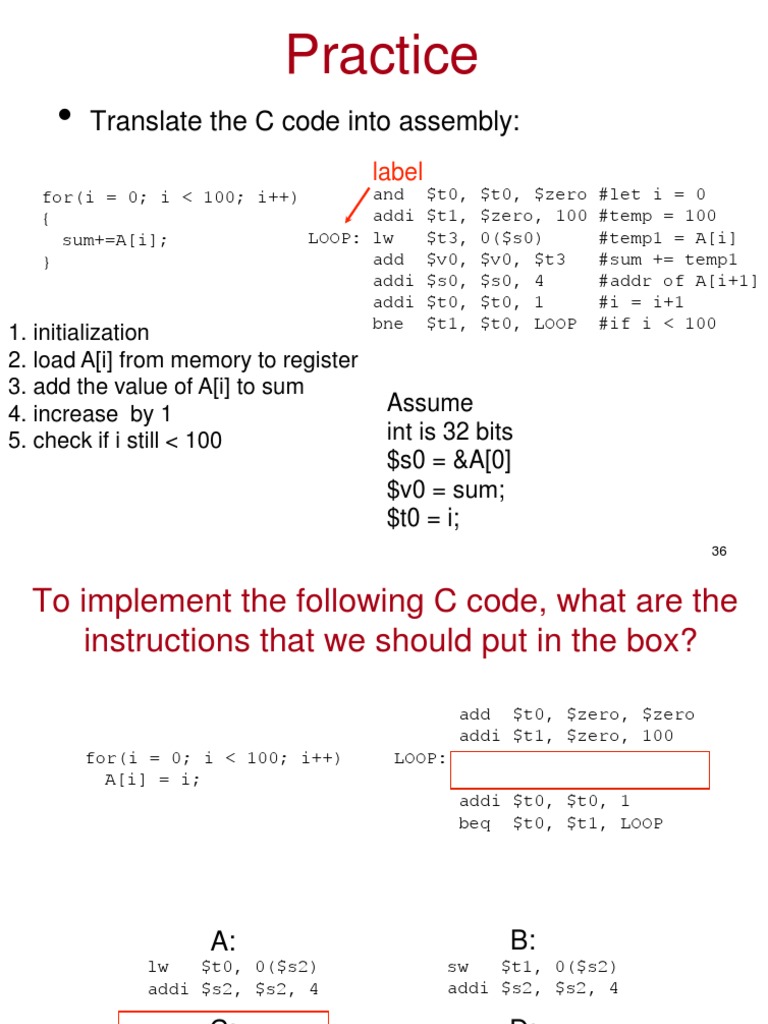 Translate The C Code Into Assembly:: Practice | PDF | Assembly Language ...