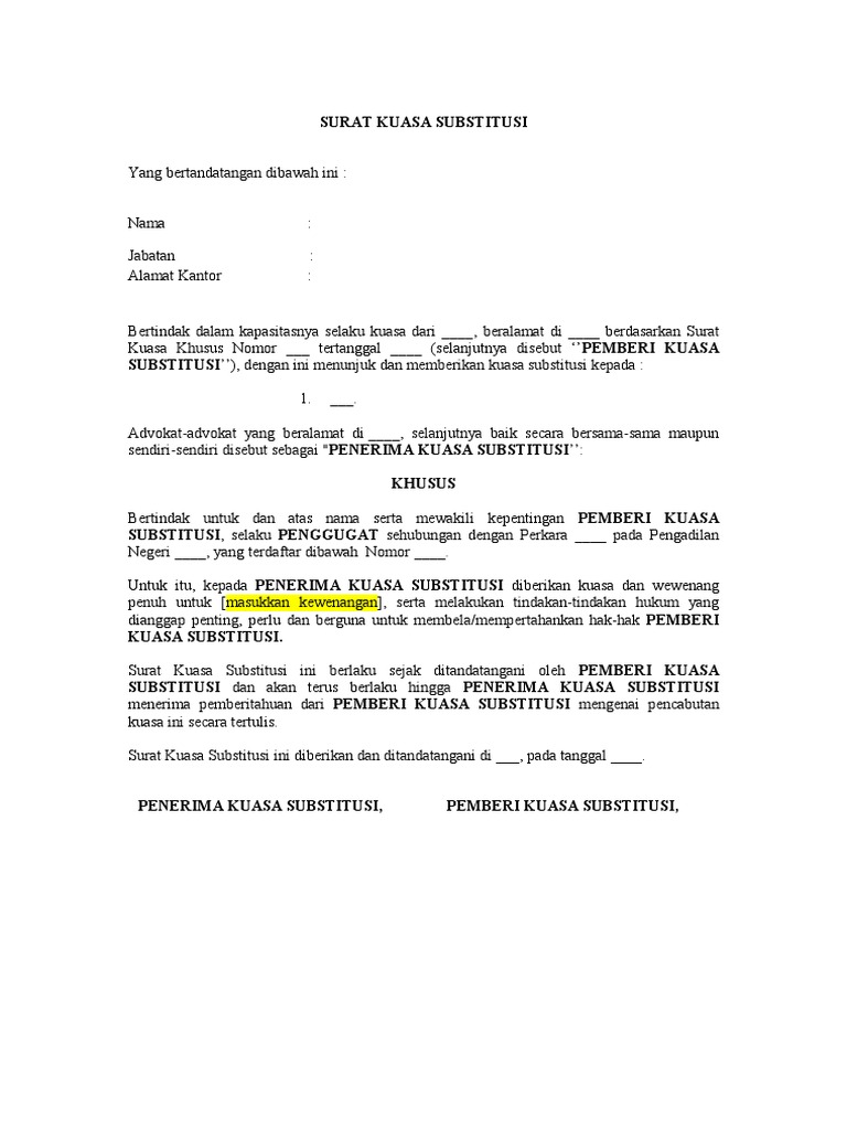 Contoh Surat Kuasa Substitusi Pdf