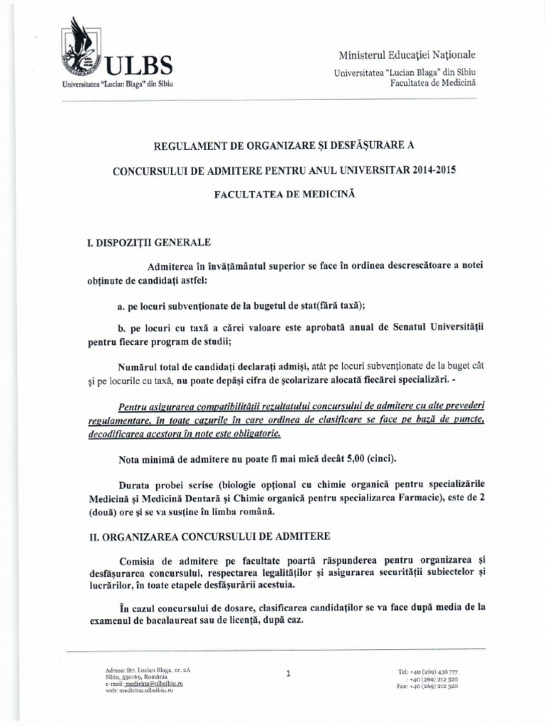 ADMITERE Medicina Sibiu 2014 PDF
