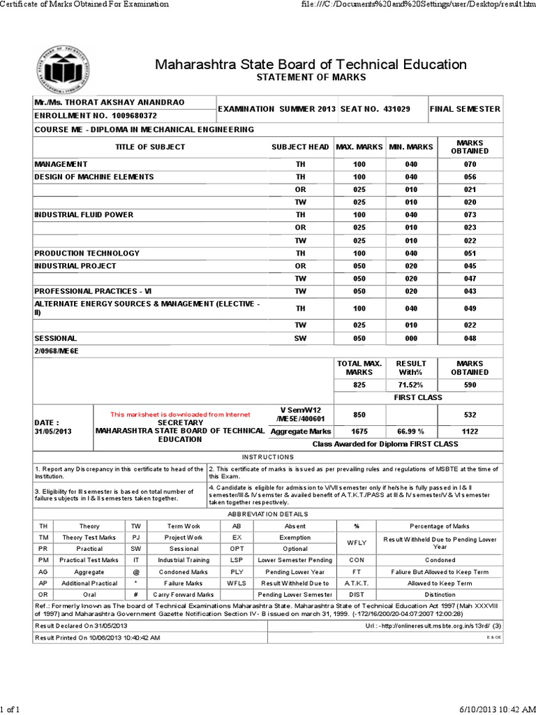 Diploma Mechanical Engineering Marksheet | PDF | Academic Term ...