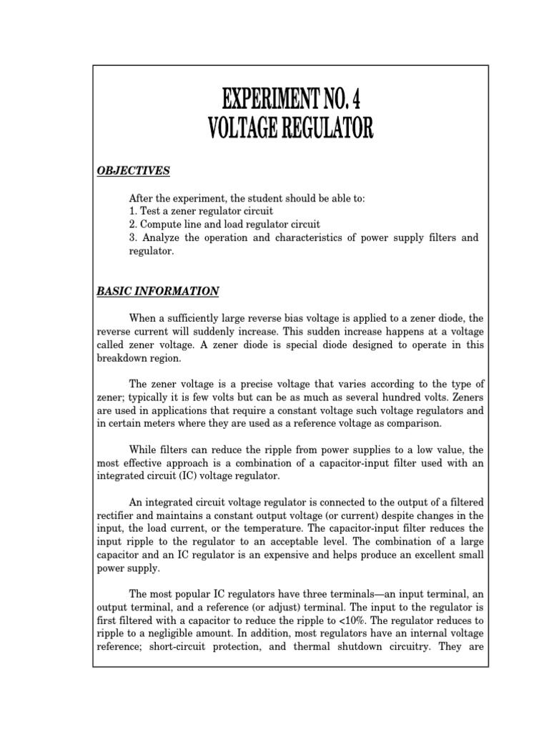 Voltage Regulator Experiment PDF Power Supply Rectifier