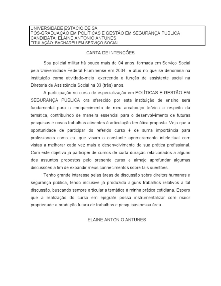carta de intenções ESTÁCIO