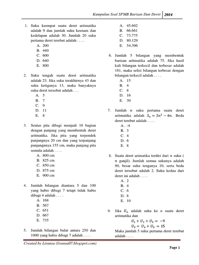21++ Contoh Soal Barisan Dan Deret Aritmatika Dalam Bidang
