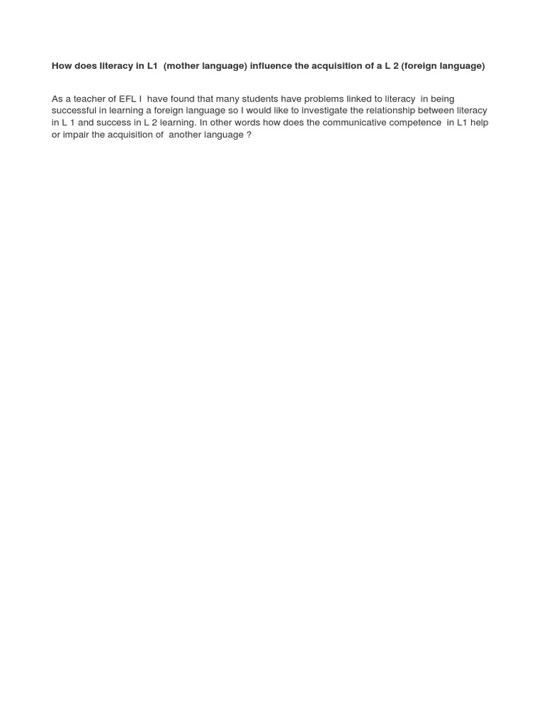 Impact of L1 Literacy on L2 Learning | PDF | Language Arts & Discipline ...