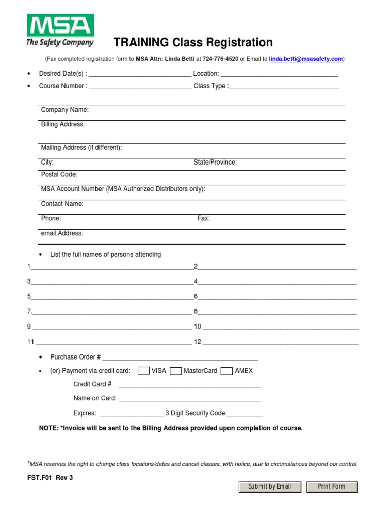 MSA Training Class Registration Form | PDF | Mail | Credit Card
