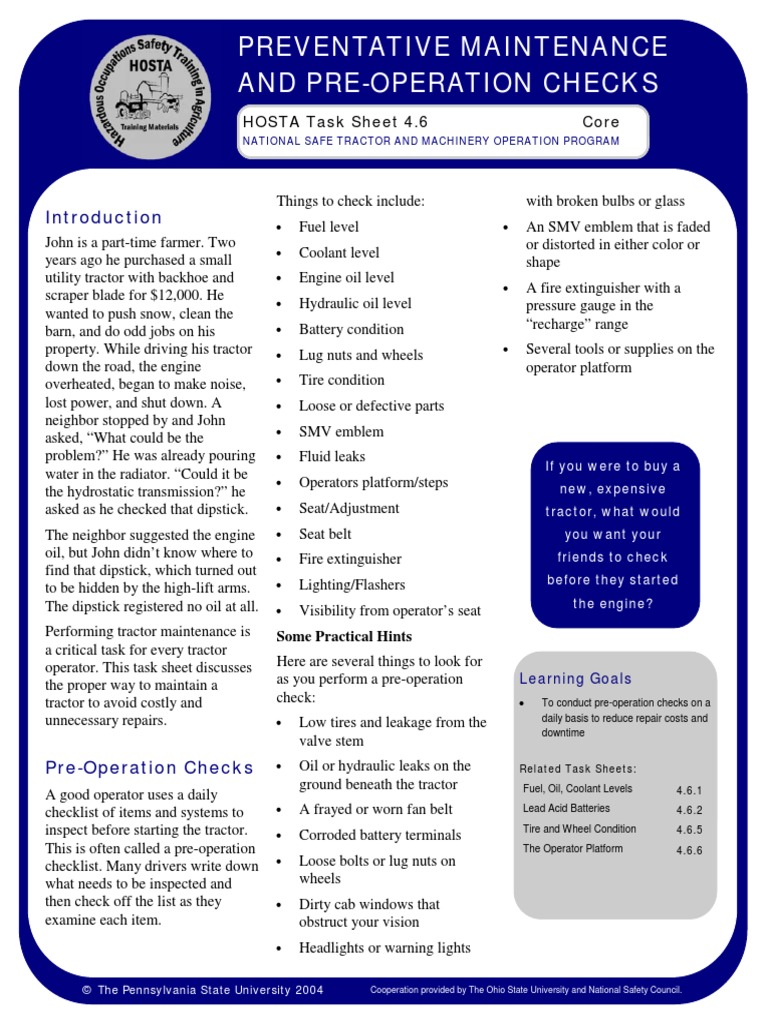 4.6 Preventative Maintenance and Pre-Operational Checks | PDF | Tractor ...