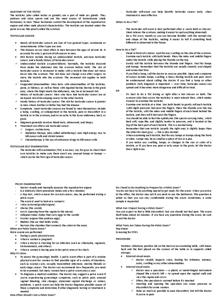 TSE+Pelvic Exam+Pap Smear LEcture Notes Cervical Cancer Testicle