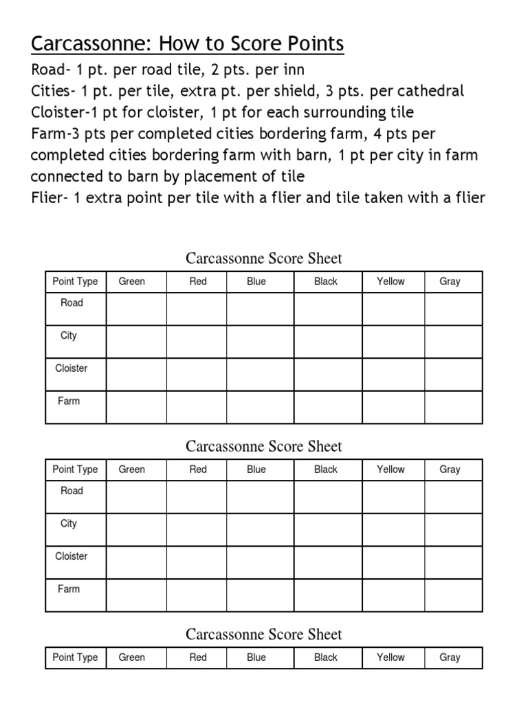 Carcassonne Score Sheet | PDF | Cooking, Food &amp; Wine