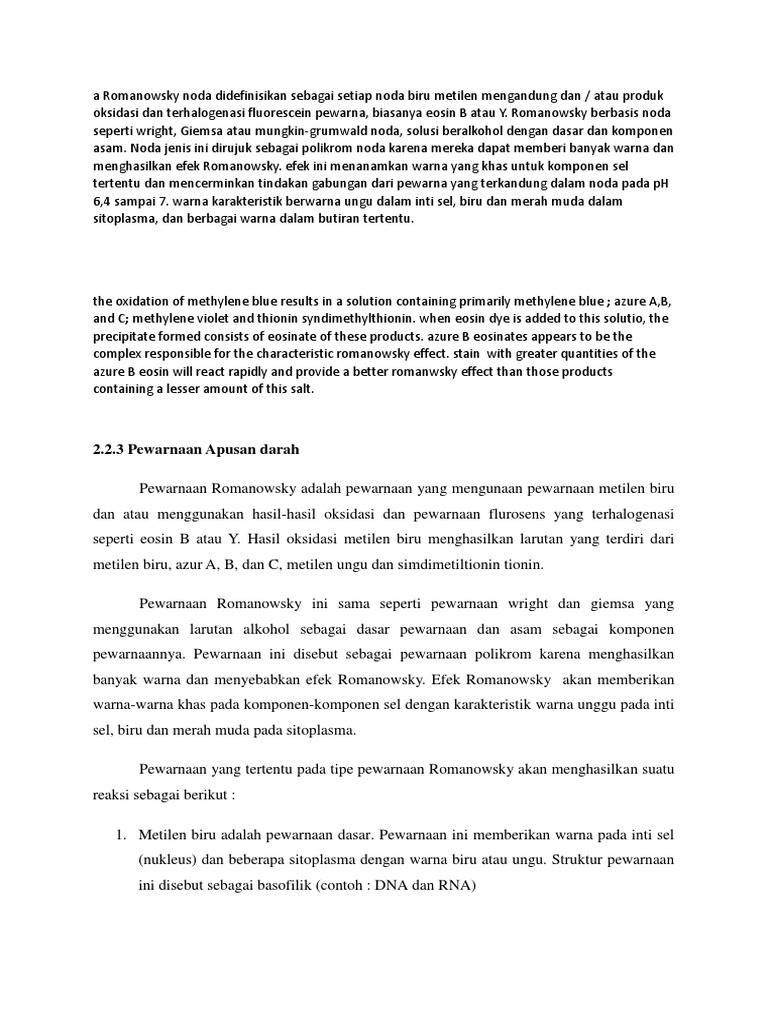 A Romanowsky Noda Didefinisikan Sebagai Setiap Noda Biru Metilen Mengandung Dan