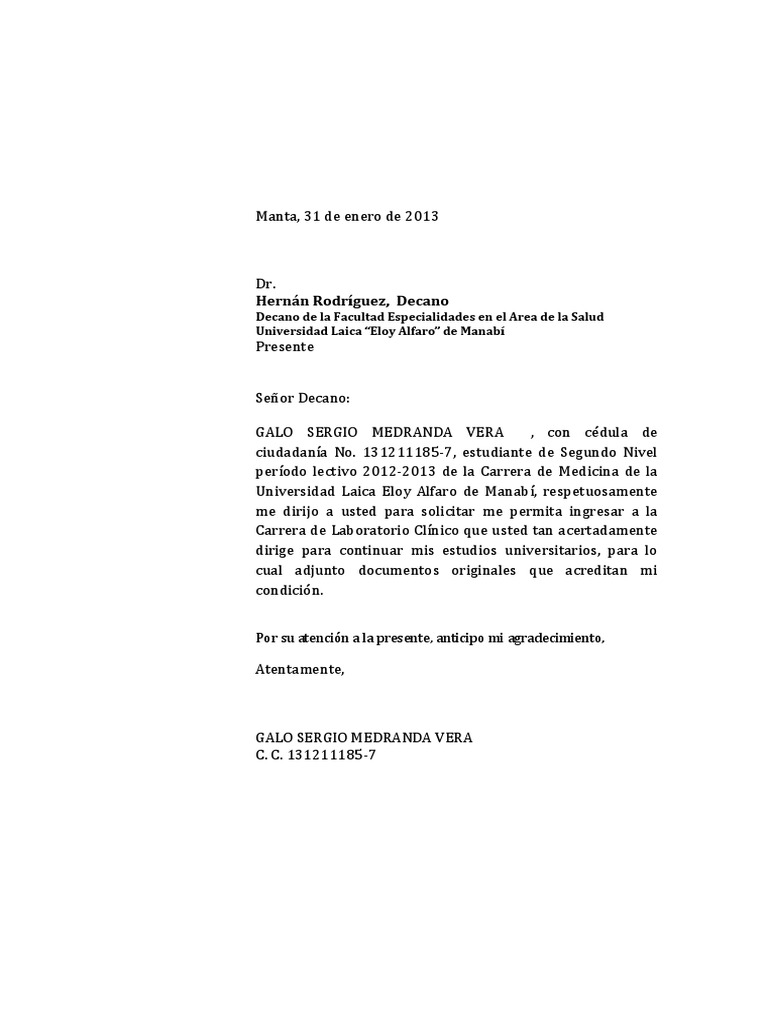 Solicitud Cambio De Carrera Pdf