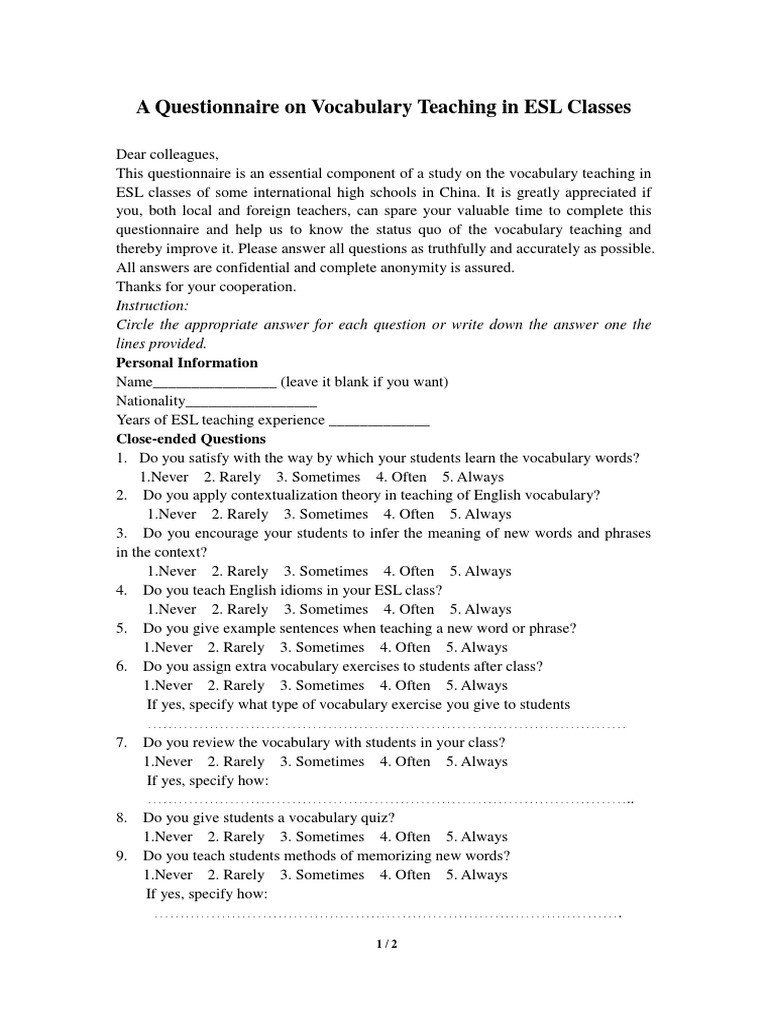 ESL Vocabulary Teaching Questionnaire | PDF | English As A Second Or ...