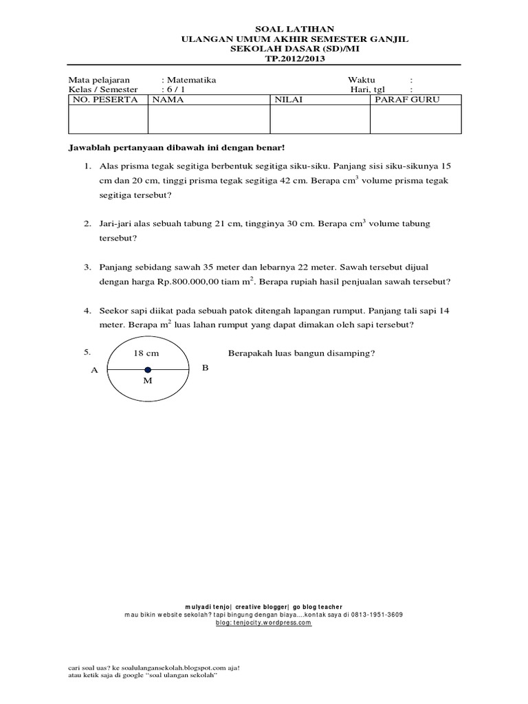 Soal Ulangan Matematika Kelas 6 Uas
