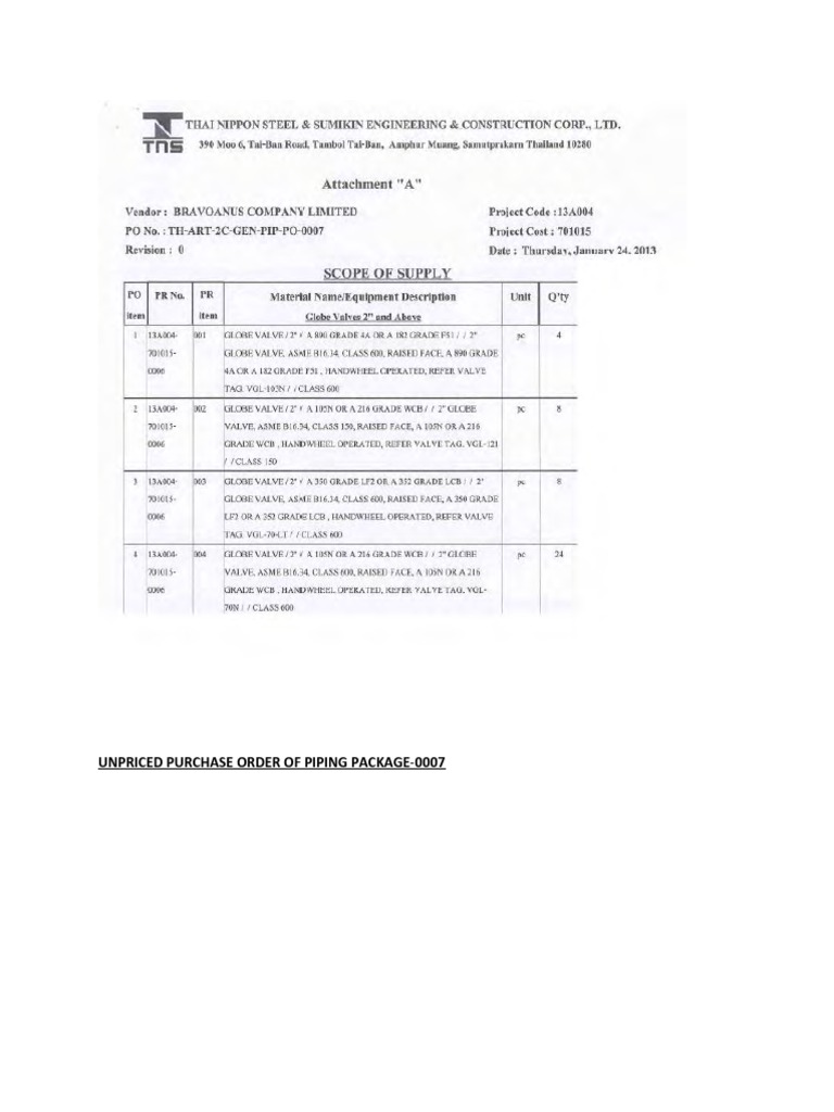 Unpriced Purchase Order of Piping Package-0007 | PDF
