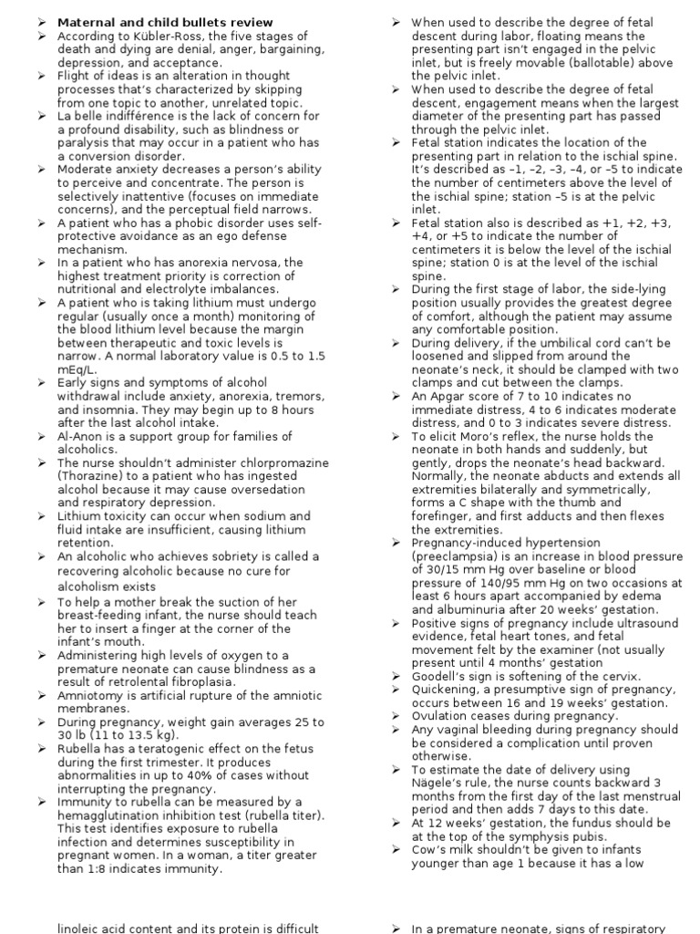 Maternal and Child Bullets Review | PDF | Pregnancy | Fetus