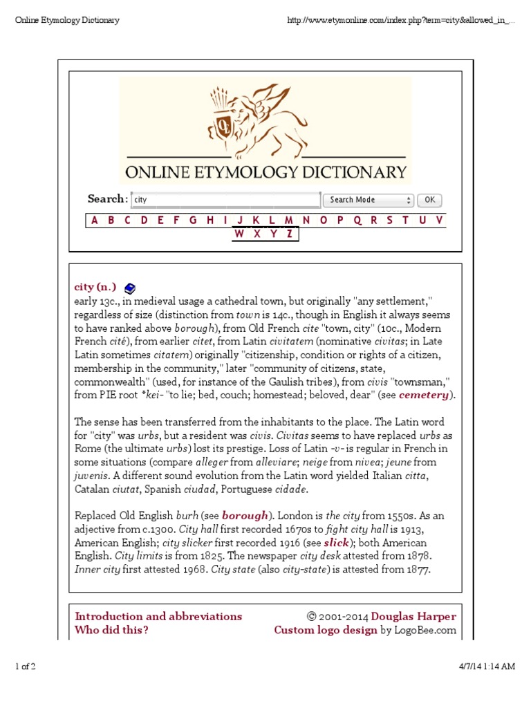 Online Etymology DictionaryCITY