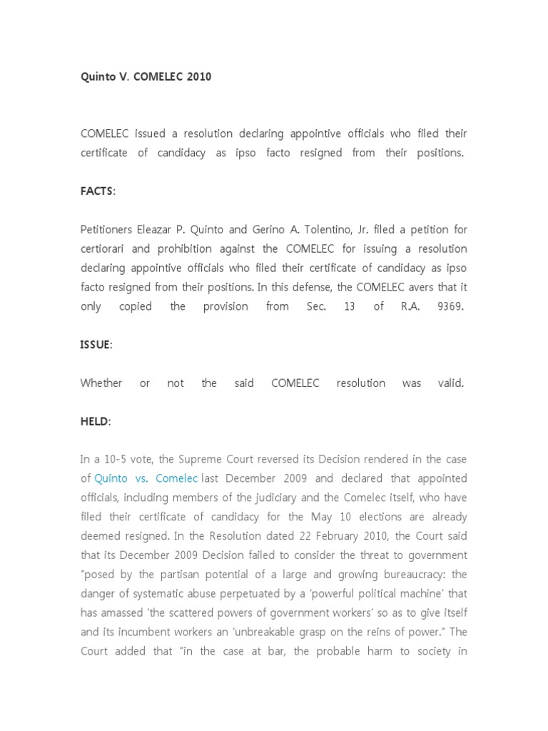 Quinto V Comelec 2010 Digest PDF Supreme Court Case Law