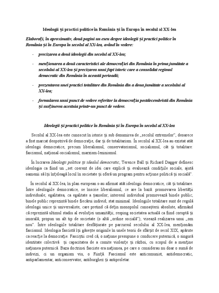 Ideologii Si Practici Politice In Romania Si In Europa In Secolul Al Xx