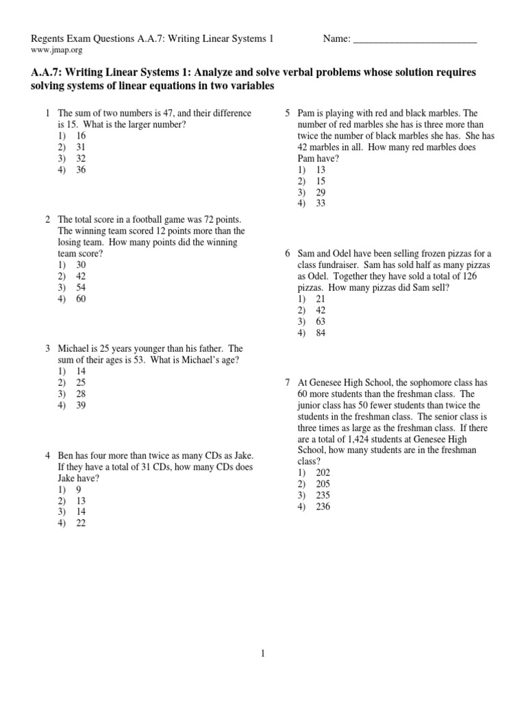 Writing Linear Systems Regents Worksheet PDF System Of Linear Equations Mathematics Of