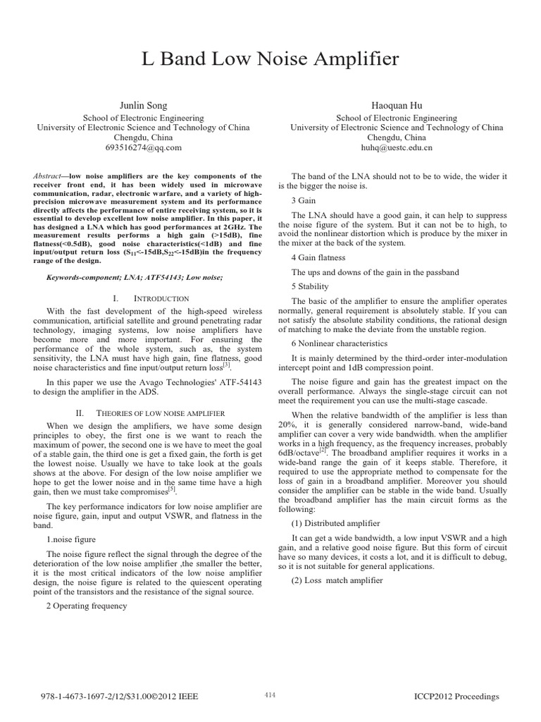 L Band Low Noise Amplifier PDF Amplifier Field Effect Transistor