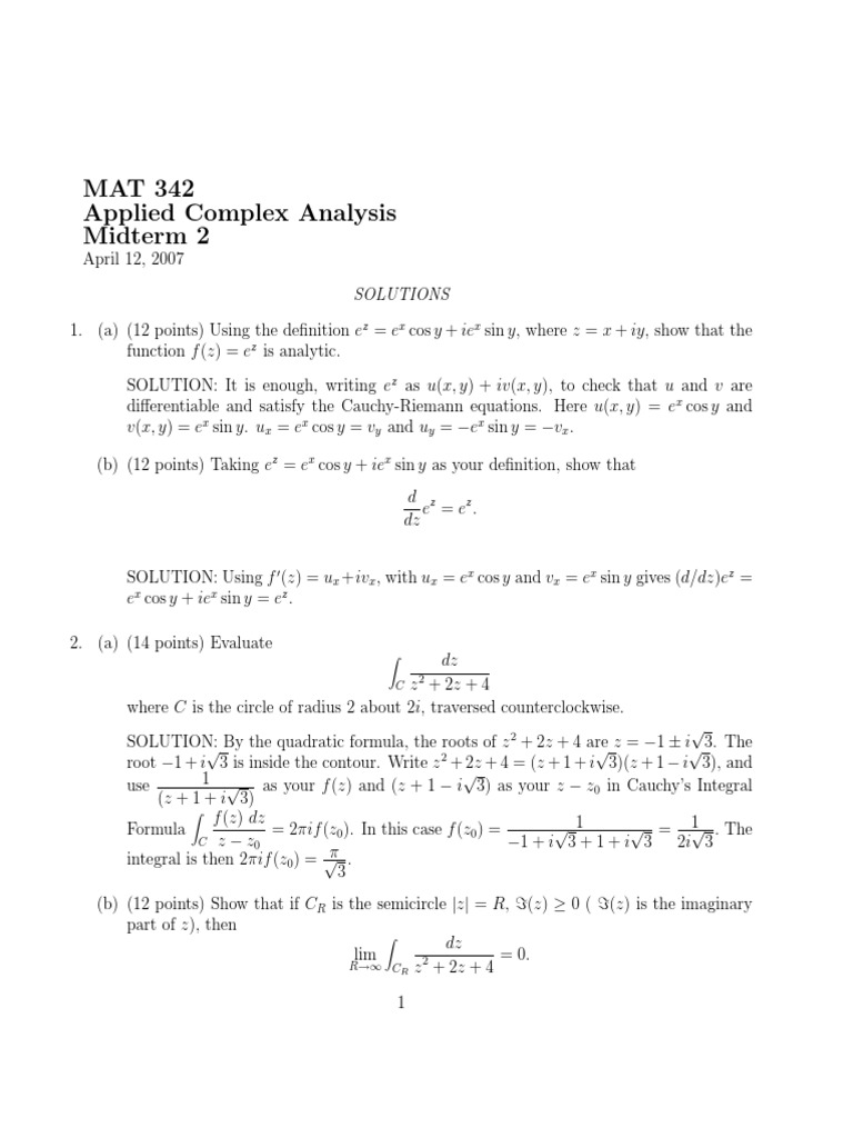 Mat 342 Applied Complex Analysis Midterm 2 Z X X Z Trigonometric Functions Quadratic Equation