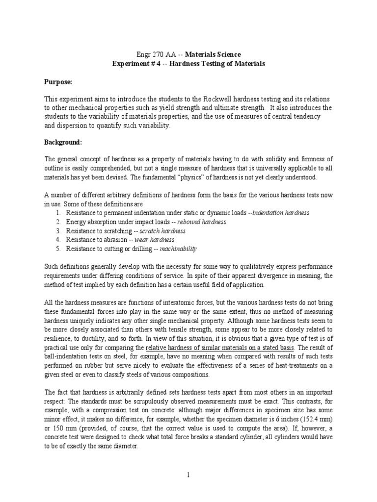 Experiment 4 Hardness Testing of Materials Purpose Background