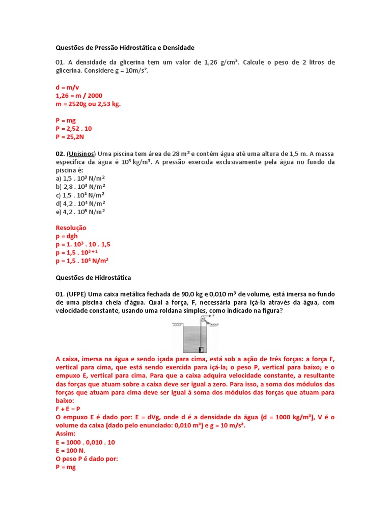 Questões de Hidrostática | PDF | Flutuabilidade | Densidade