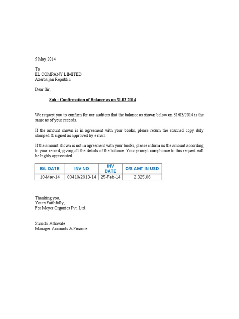 Confirmation of Outstanding Balance | PDF | Cooking, Food & Wine