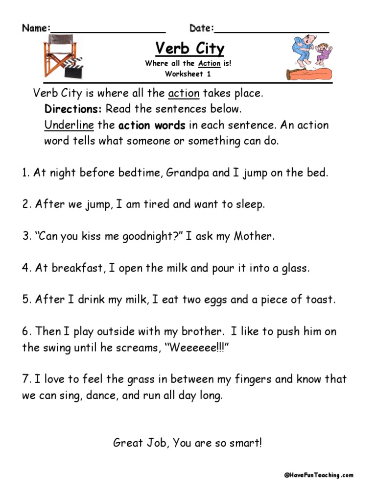 Verb City Where All The Action Is! Worksheet 1 PDF