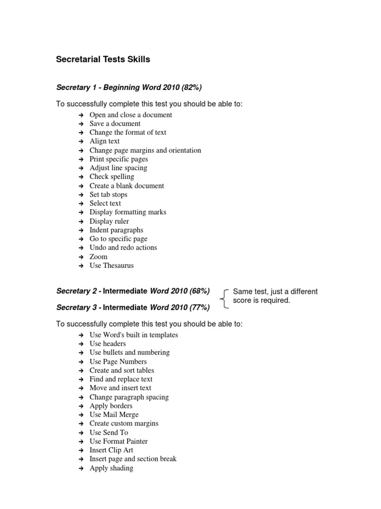 Secretarial Tests Skills: Secretary 1 - Beginning Word 2010 (82%) | PDF ...
