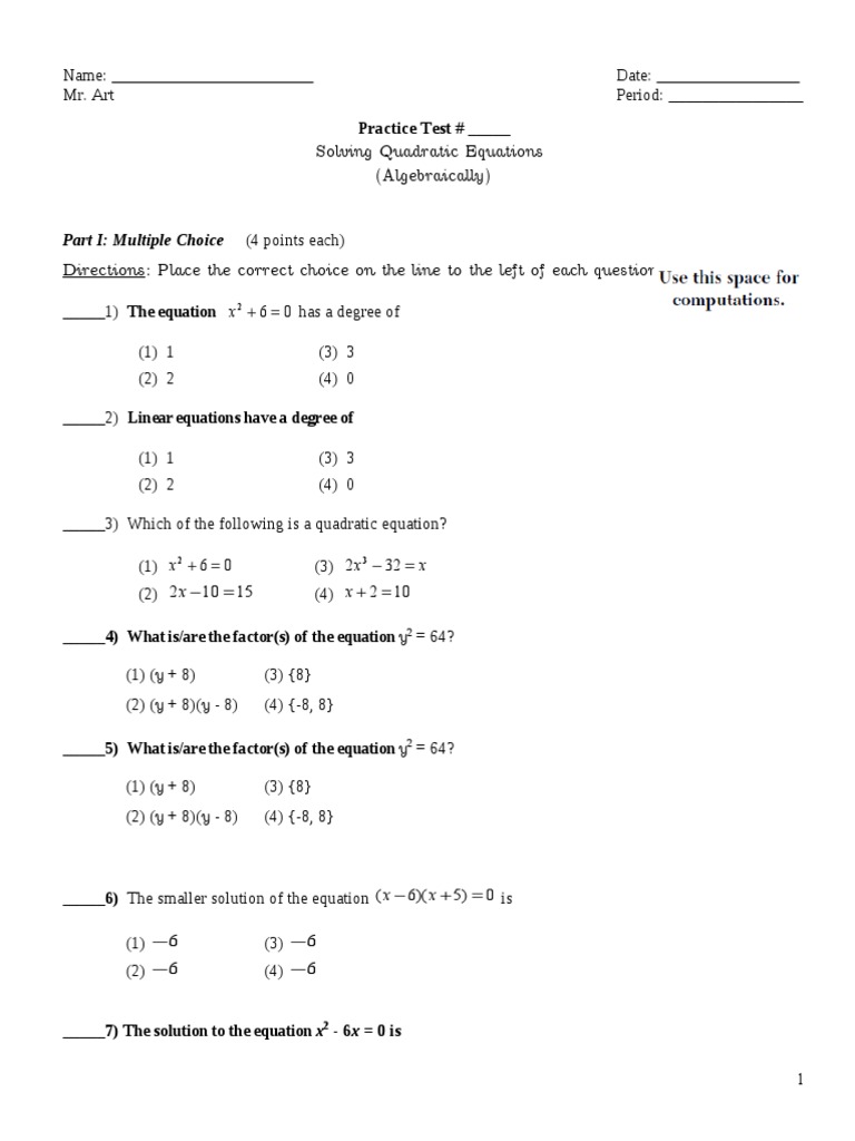 Quadratic Equations - Practice Test | PDF | Equations | Logical Truth