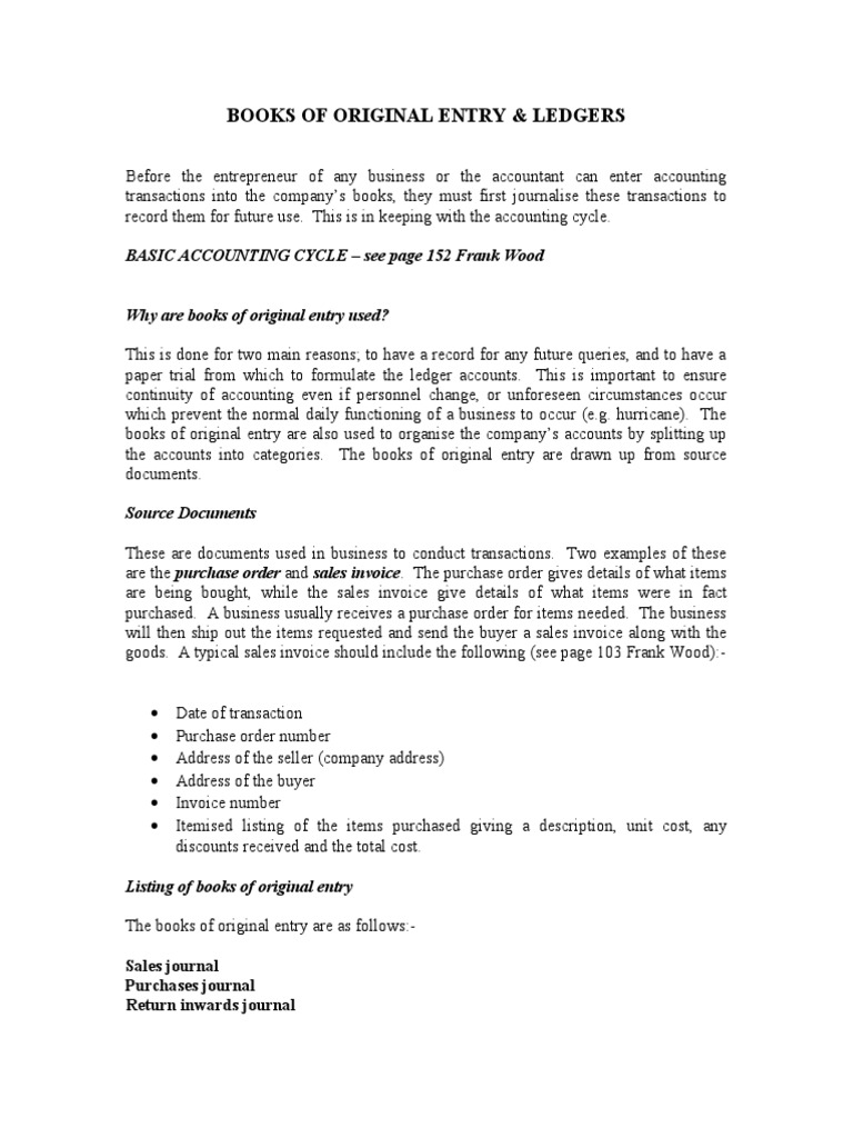 Books of Original Entry Debits And Credits Financial Transaction