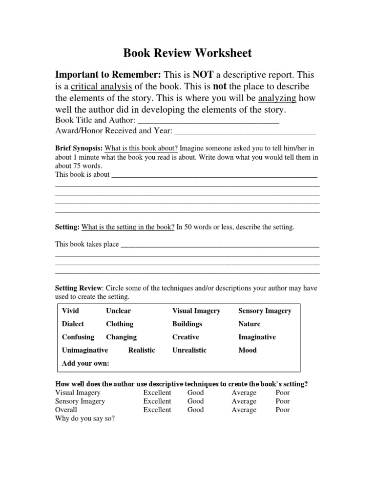 book review worksheet plot narrative fiction