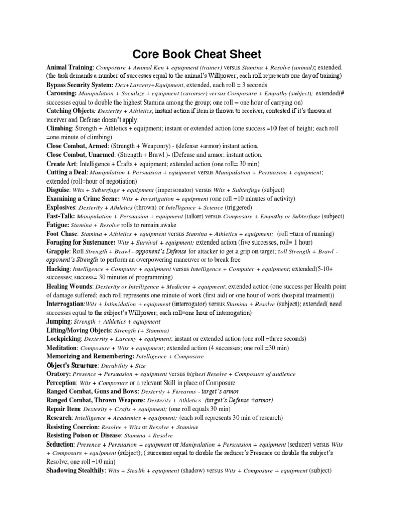 Reference Sheet For World of Darkness PDF Leisure Violence