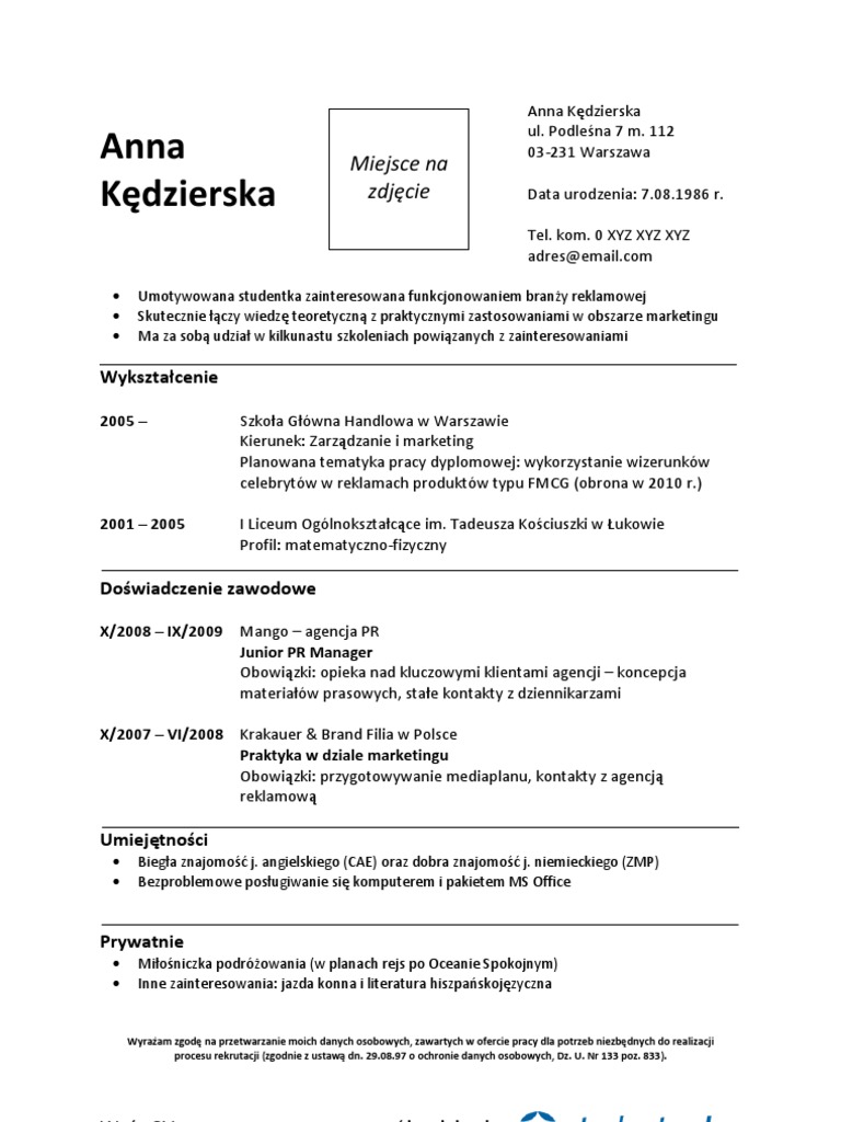 Wzór - CV Anna Kedzierska | PDF