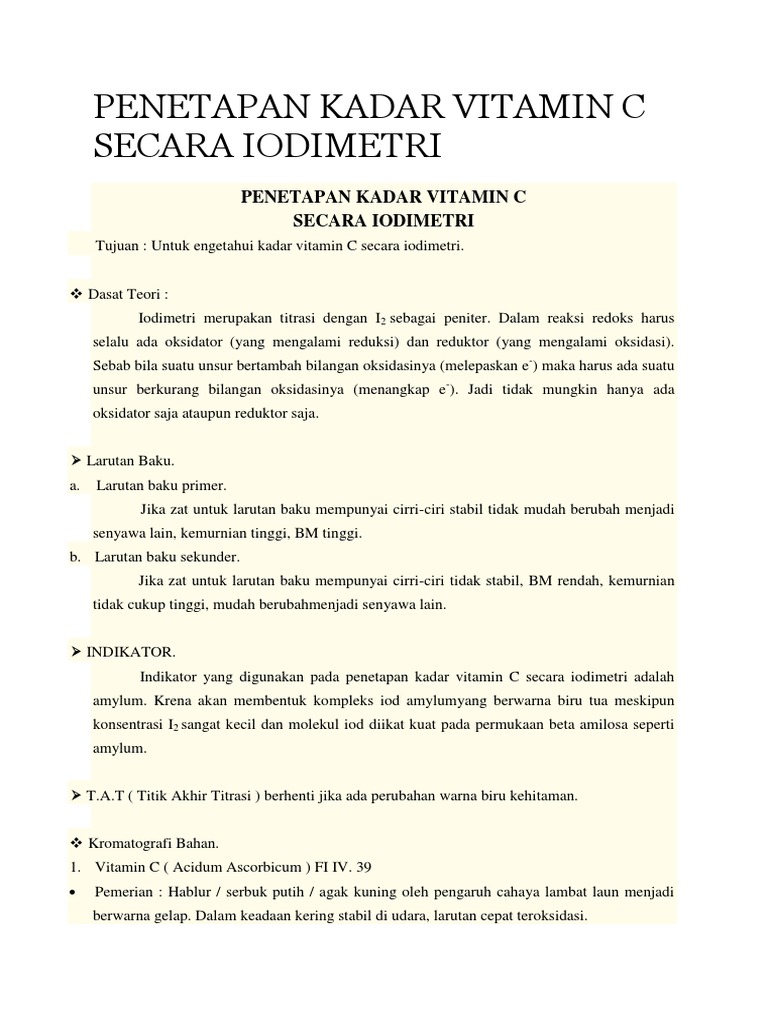 Penetapan Kadar Vitamin C Secara Iodimetri