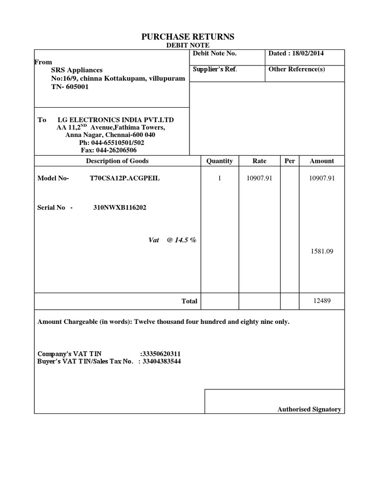 Debit Note for Purchase Return | PDF