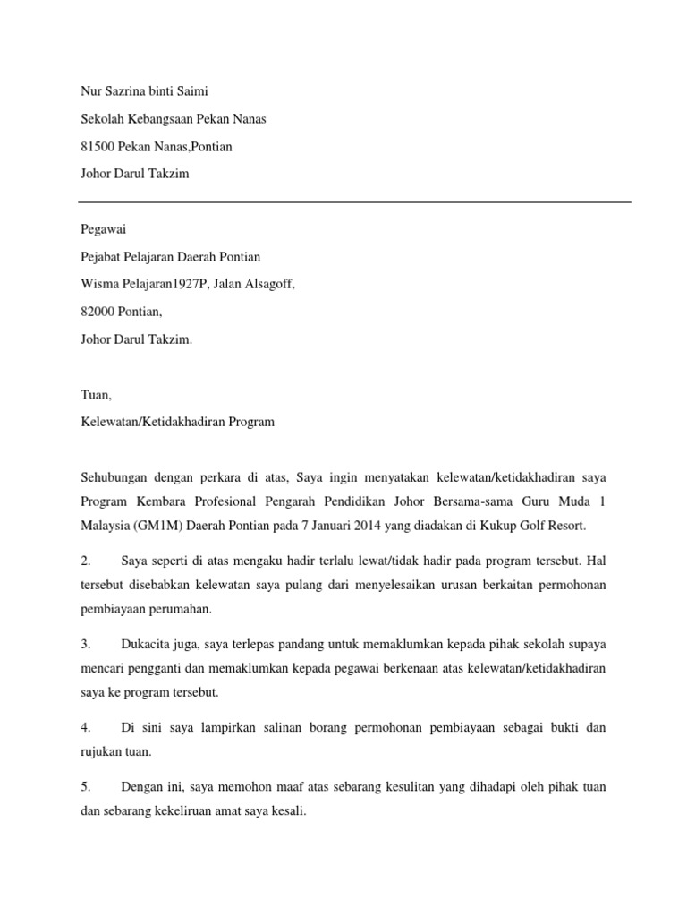 Surat Tunjuk Sebab Tidak Hadir Sekolah Letter 7saudara Com