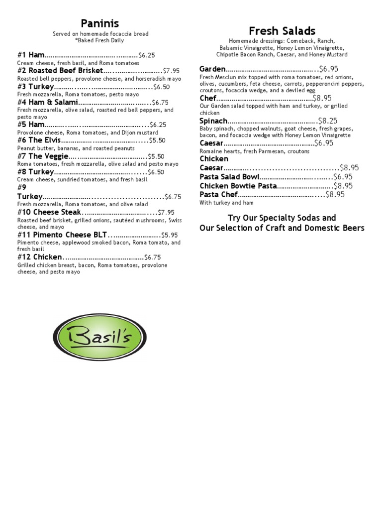 Basils Fondren Menu PDF Salad European Cuisine