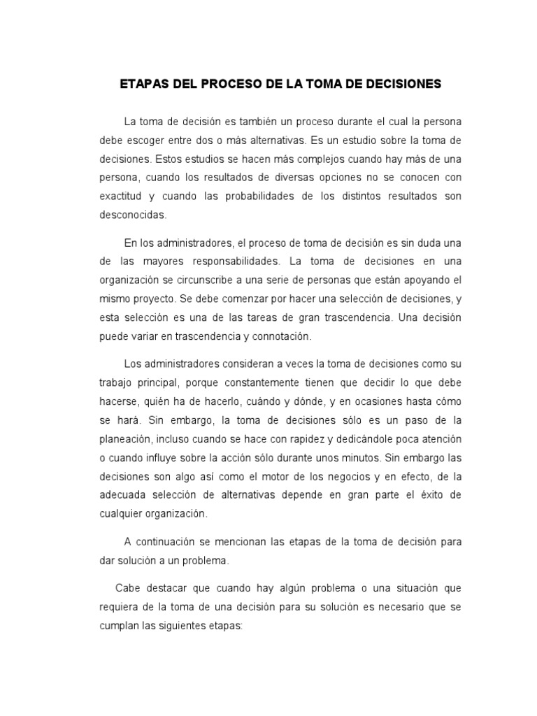 Etapas Del Proceso de La Toma de Decisiones | PDF | Toma de decisiones ...