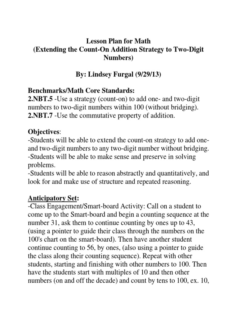 Math Lesson Plan - Count-On Addition Strategy For Two-Digit Numbers ...