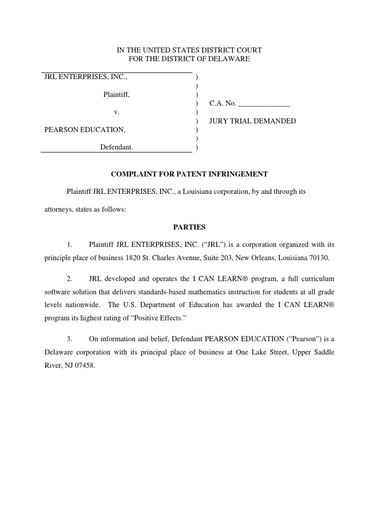 JRL Enterprises v. Pearson Education PDF Patent Lawsuit