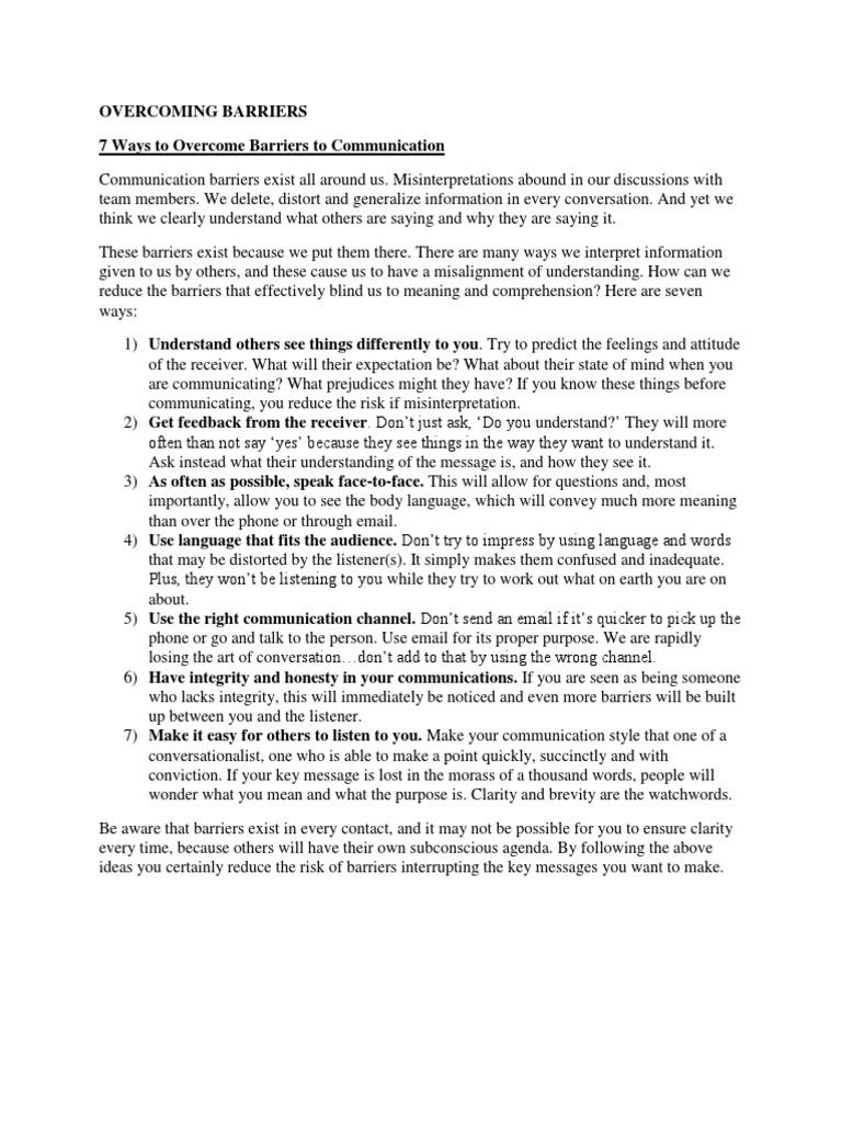 7 Strategies to Overcome Communication Barriers | PDF | Understanding ...