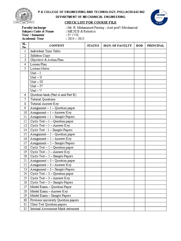 Course File CHECK LIST For Robotics | PDF | Computers | Technology ...