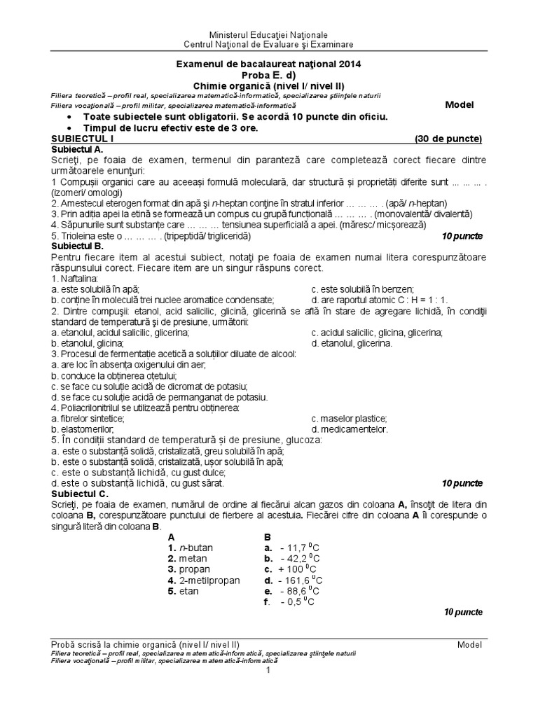 Proba E D Chimie Organica Niv I Ii Teoretic Model S
