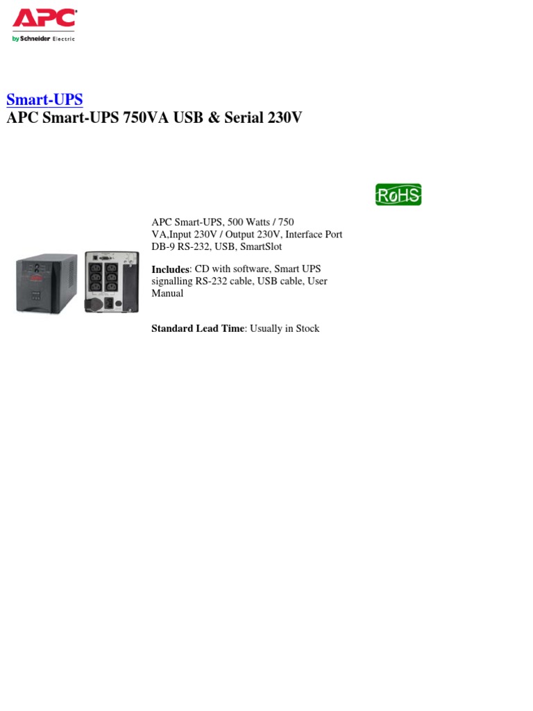 Apc Smart Ups 750 Datasheet Battery (Electricity) Mains Electricity