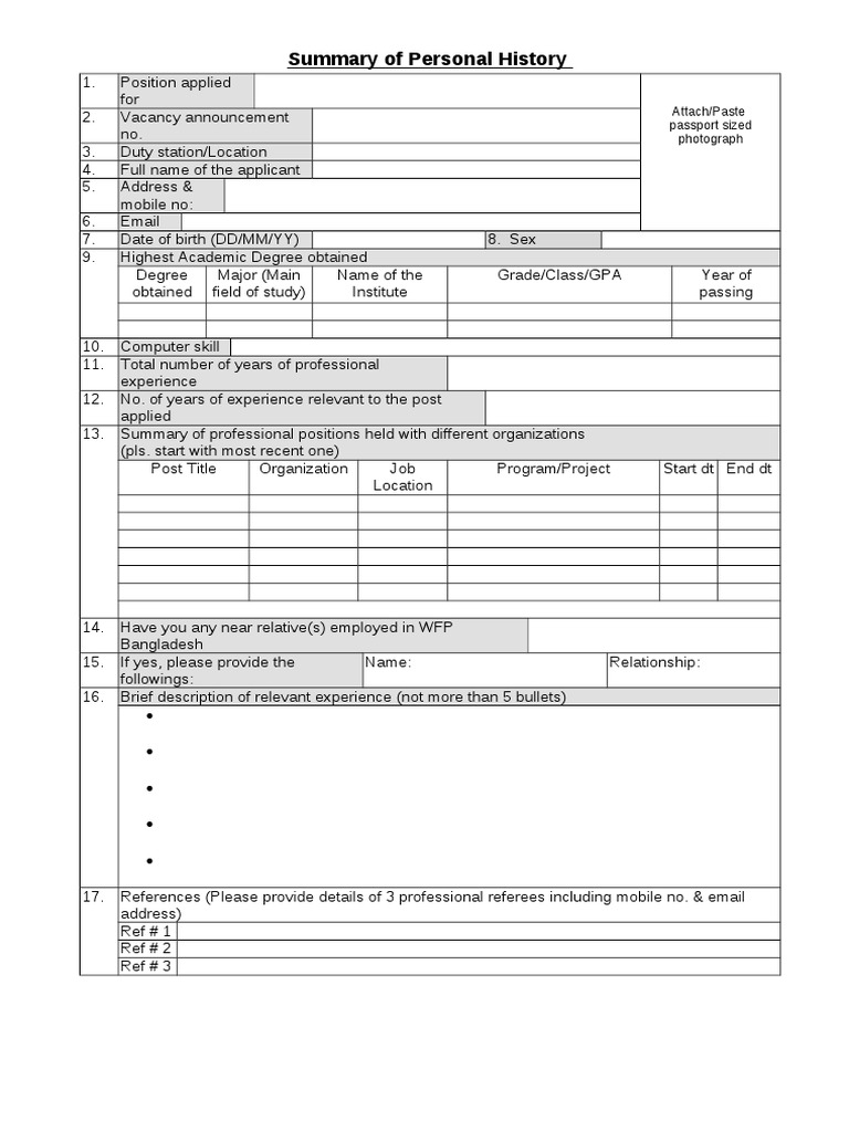Personal History Summary Template | PDF