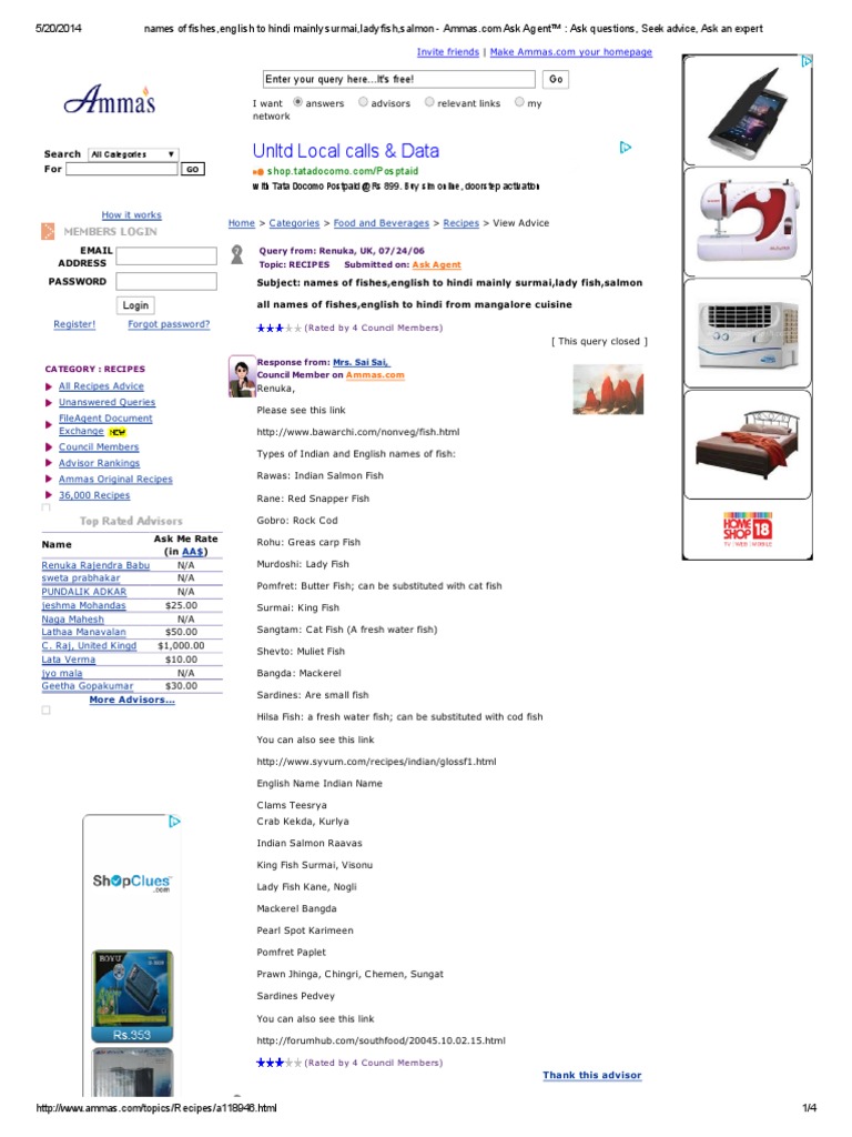 Names of Fishes, English To Hindi Mainly Surmai, Lady Fish, Salmon