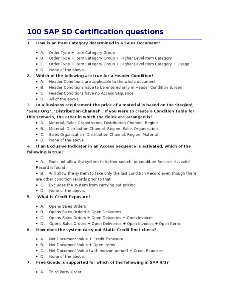 SAP SD Certification Sample Questions | PDF | Computers