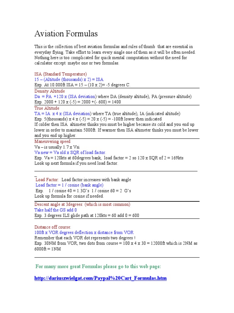 Aviation Formulas Sample | PDF | Altitude | Aerospace Engineering