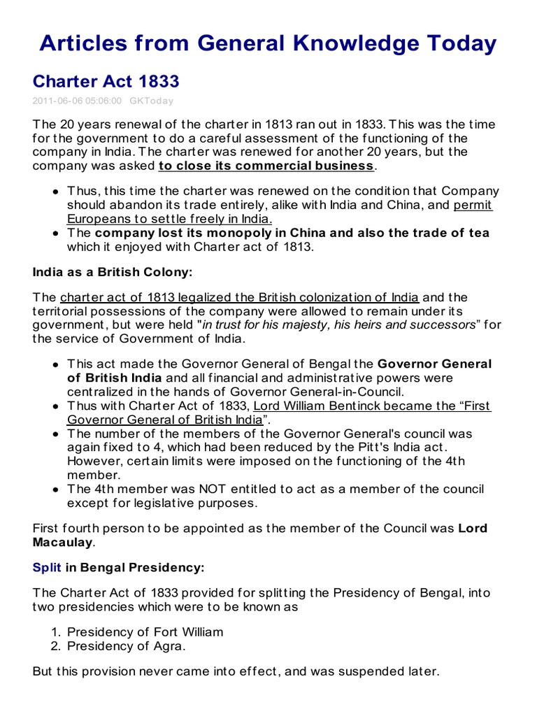 Charter Act 1833 East India Pany British India